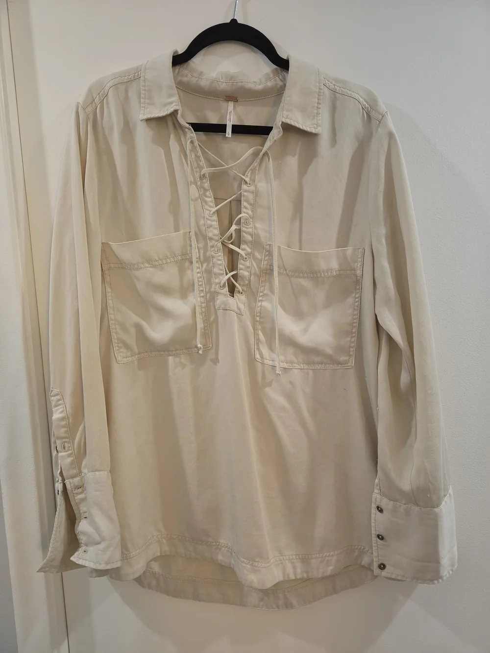 Lace-Up Button Down Shirt - Cream
